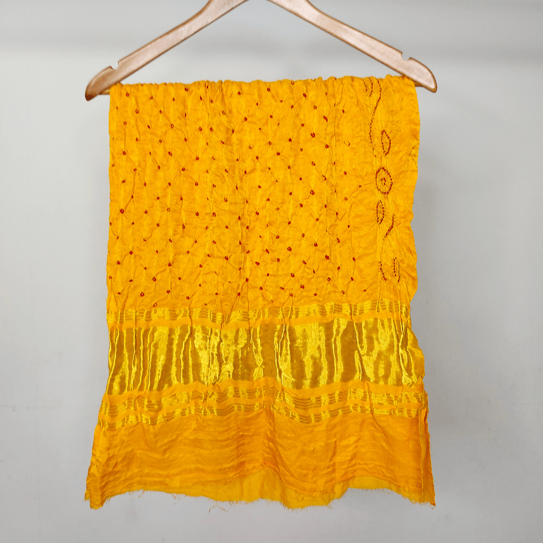 YELLOW RED - GAJJI SILK BANDHANI BLOUSE PIECE – Handmade Bandhani Saree in Gajji/Modal Silk | Aj Designs
