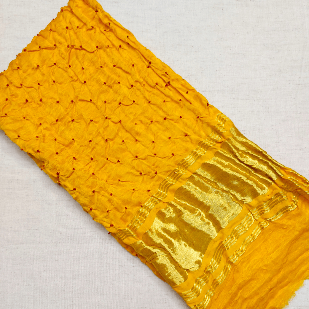 YELLOW RED - GAJJI SILK BANDHANI BLOUSE PIECE – Handmade Bandhani Saree in Gajji/Modal Silk | Aj Designs