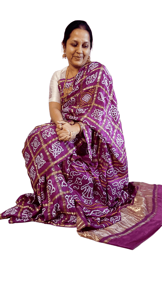 Gajji Silk Gharchola Bandhani Saree With Figure Design On Pallu - Wine