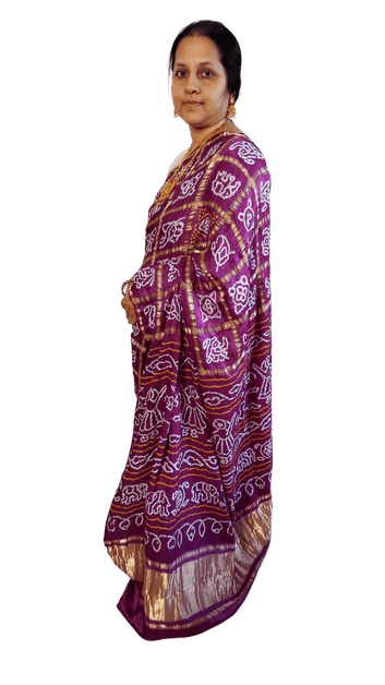 Gajji Silk Gharchola Bandhani Saree With Figure Design On Pallu - Wine